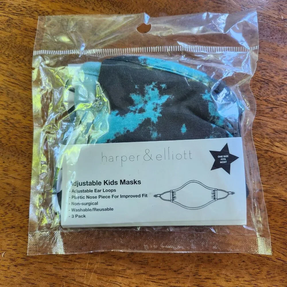Harper & Elliott Kids Face Masks 3-Pack Reusable Washable Adjustable Tie-Dye NEW